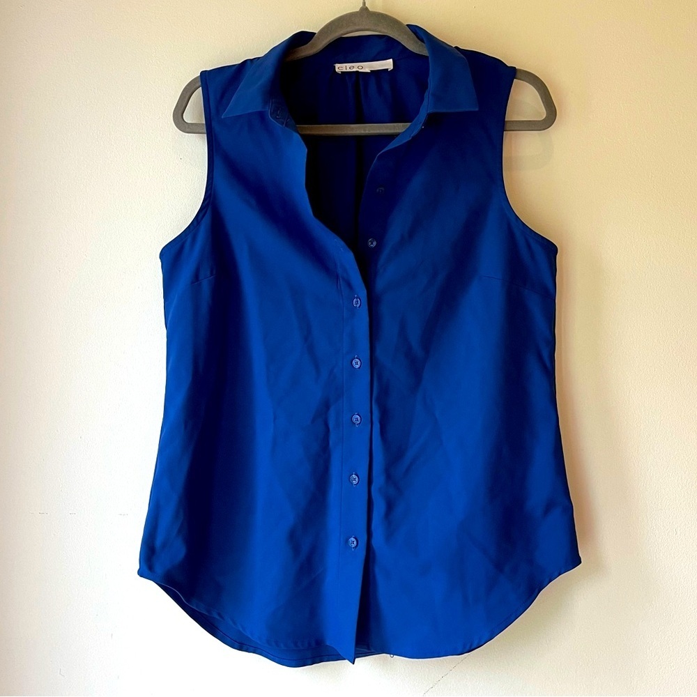 Cleo Women’s Royal Blue Button Up Collared Sleeveless Tank Top Office Small